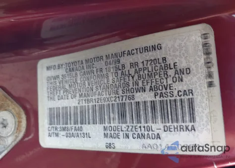 1999 Toyota Corolla Ve from USA, damaged, VIN 2T1BR12E9XC217768